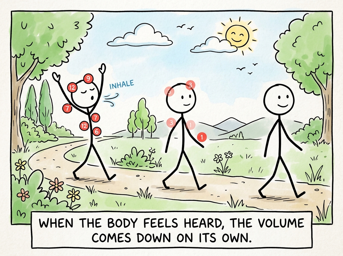 A stick figure moving gently -- stretching, breathing deeply, walking outside -- the notification badges on their body slowly clearing.