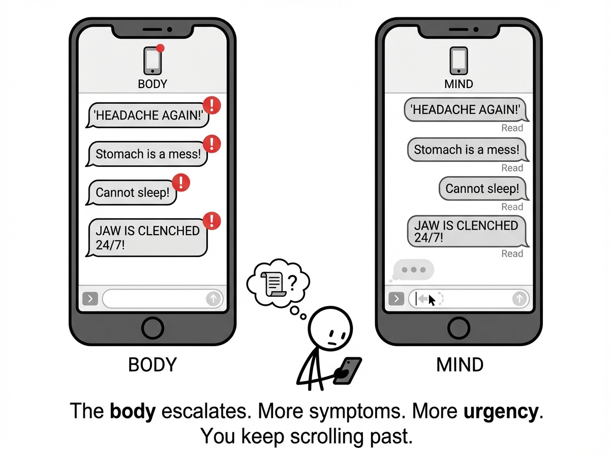 The text thread has escalated. Body is now sending multiple messages: 'HEADACHE AGAIN,' 'Stomach is a mess,' 'Cannot sleep,' 'JAW IS CLENCHED 24/7.' Each message has a red exclamation mark. Mind has read them all but has not replied. Mind is typing '...' but keeps deleting it