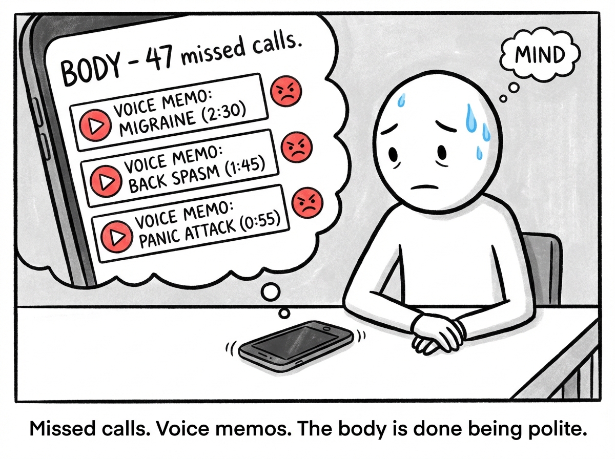 The Body is now calling, not texting. The phone shows 'BODY - 47 missed calls.' The body has also sent voice memos labeled 'MIGRAINE,' 'BACK SPASM,' and 'PANIC ATTACK.' The Mind has put the phone face-down on the table and is staring straight ahead, sweating