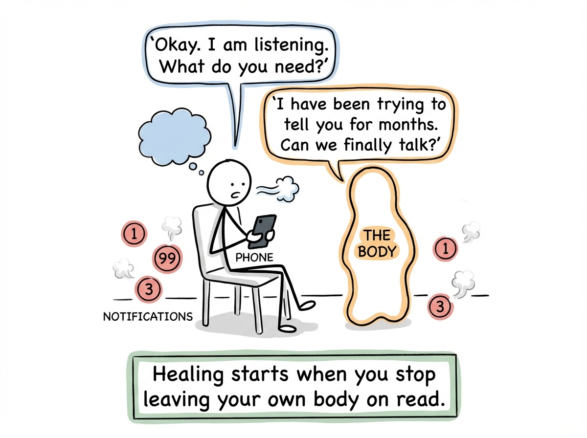 The figure finally picks up the phone and replies to the Body: 'Okay. I am listening. What do you need?' The Body responds: 'I have been trying to tell you for months. Can we finally talk?' The figure takes a deep breath and sits down. The notification badges begin to slowly clear