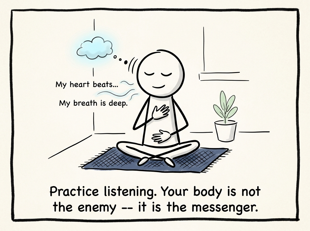 A stick figure sitting quietly with eyes closed, one hand on their stomach, one on their chest, listening to what the body is saying.