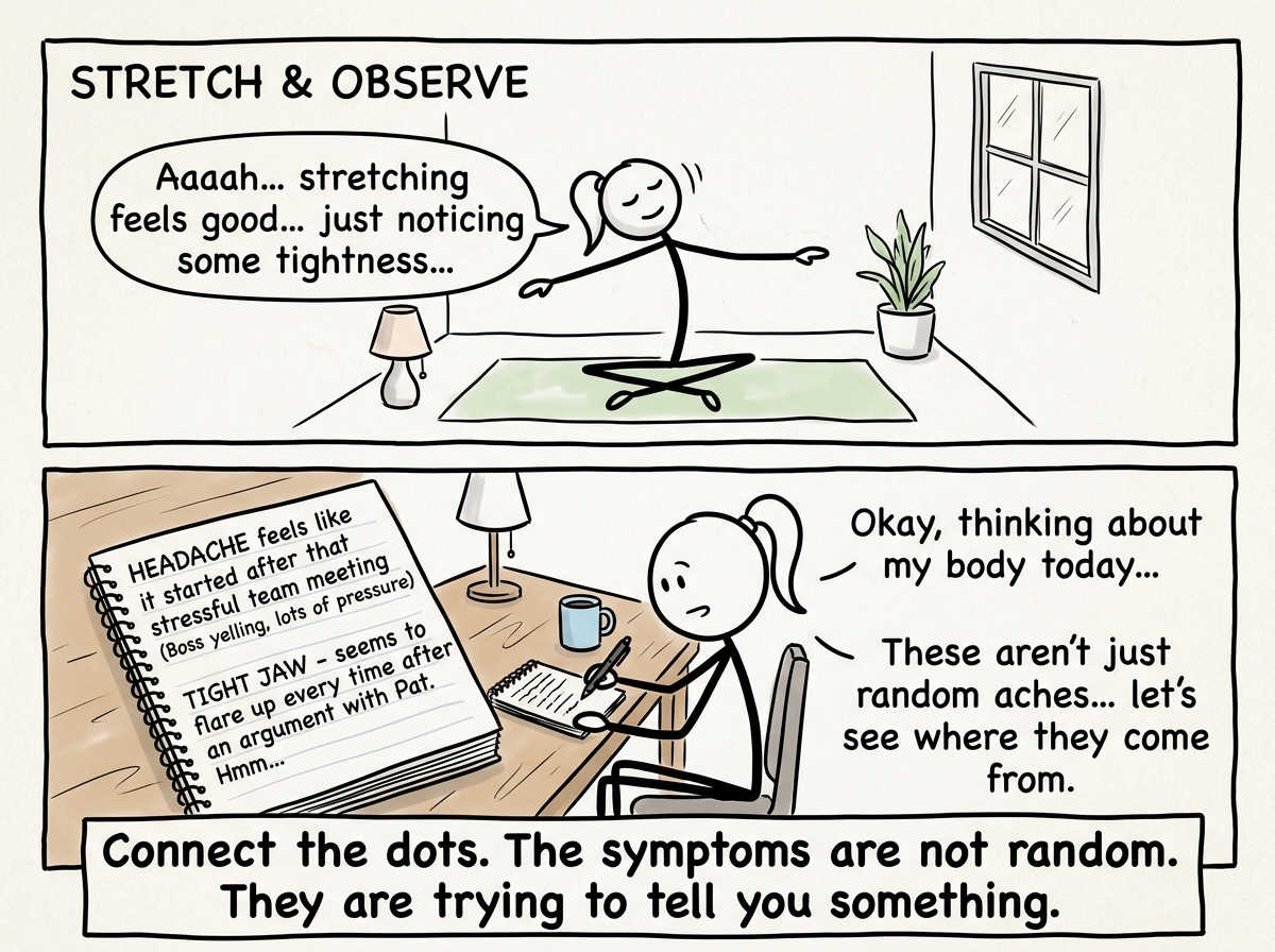 A stick figure stretching gently, then journaling about what they noticed, connecting the headache to the stressful meeting, the jaw to the argument.