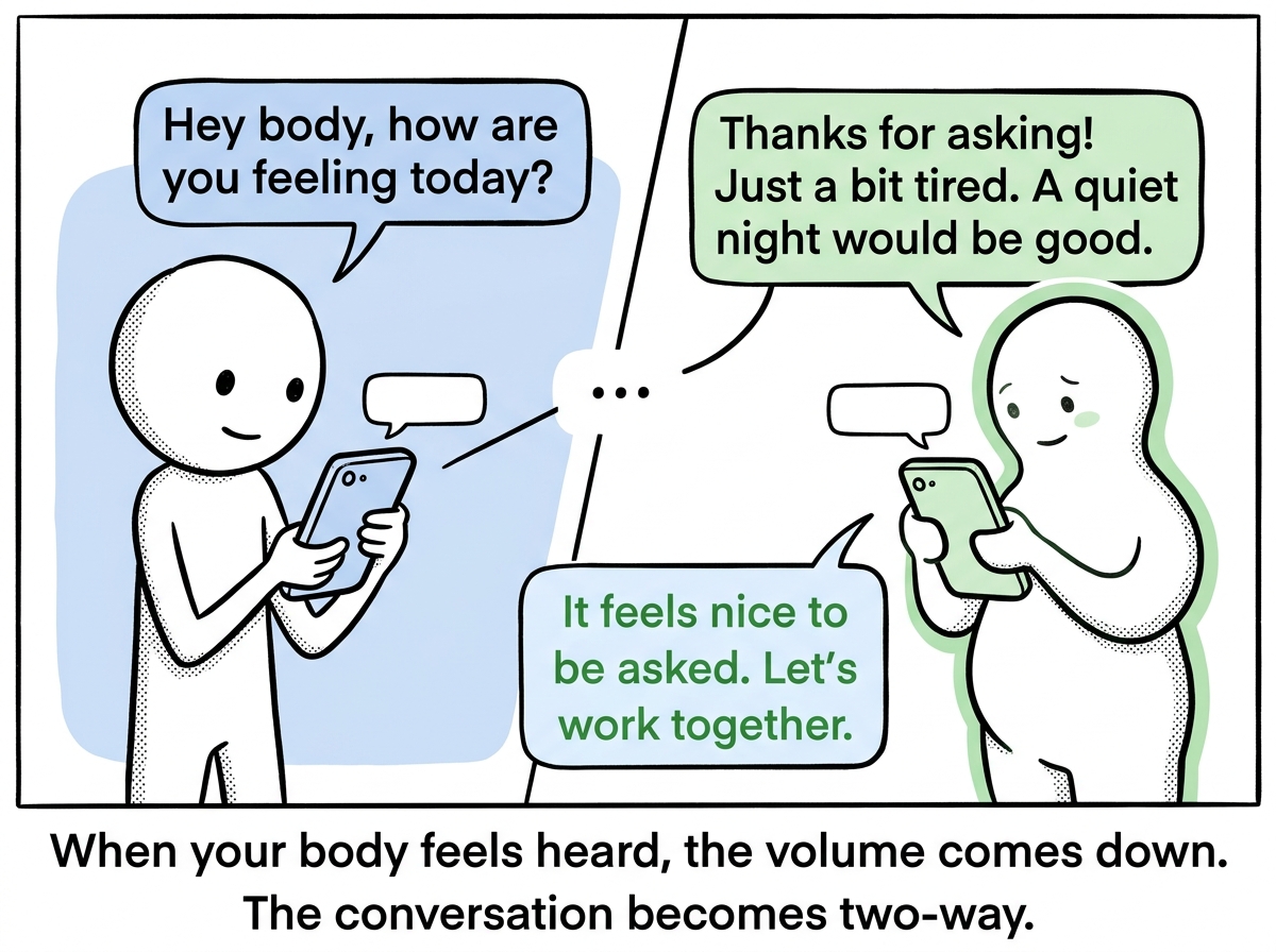 A stick figure and their body texting back and forth calmly, the notification badges cleared, the conversation now a dialogue instead of a one-way SOS.