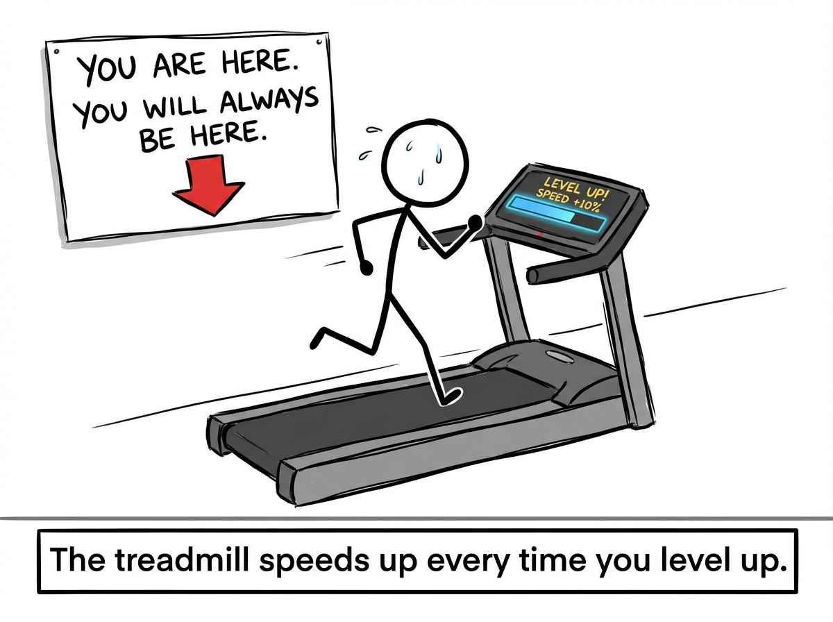 A stick figure running on a treadmill that gets faster with every raise, promotion, and purchase. They are sweating and exhausted but the scenery never changes. A sign reads 'You are here. You will always be here.'