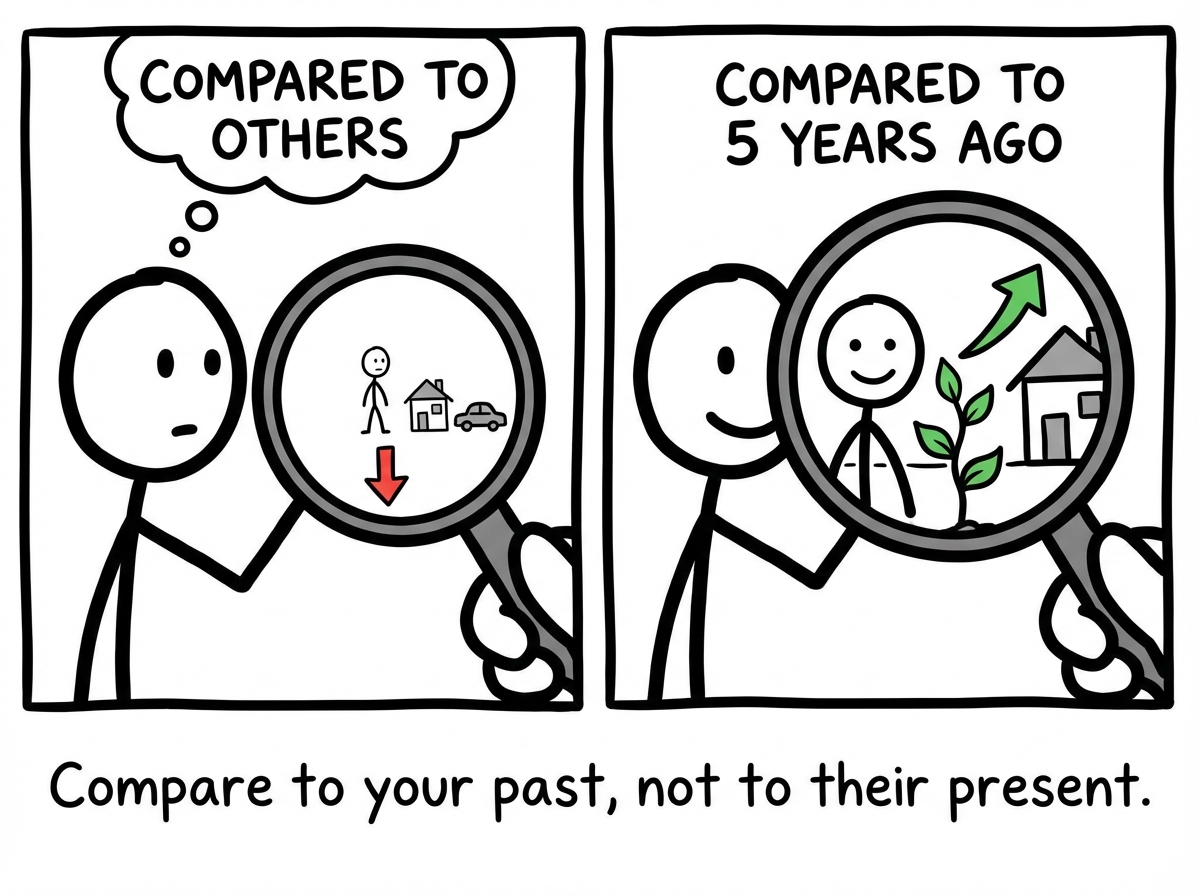 A stick figure looking at their life through two lenses: one labeled 'Compared to others' showing everything as small, and one labeled 'Compared to five years ago' showing real growth