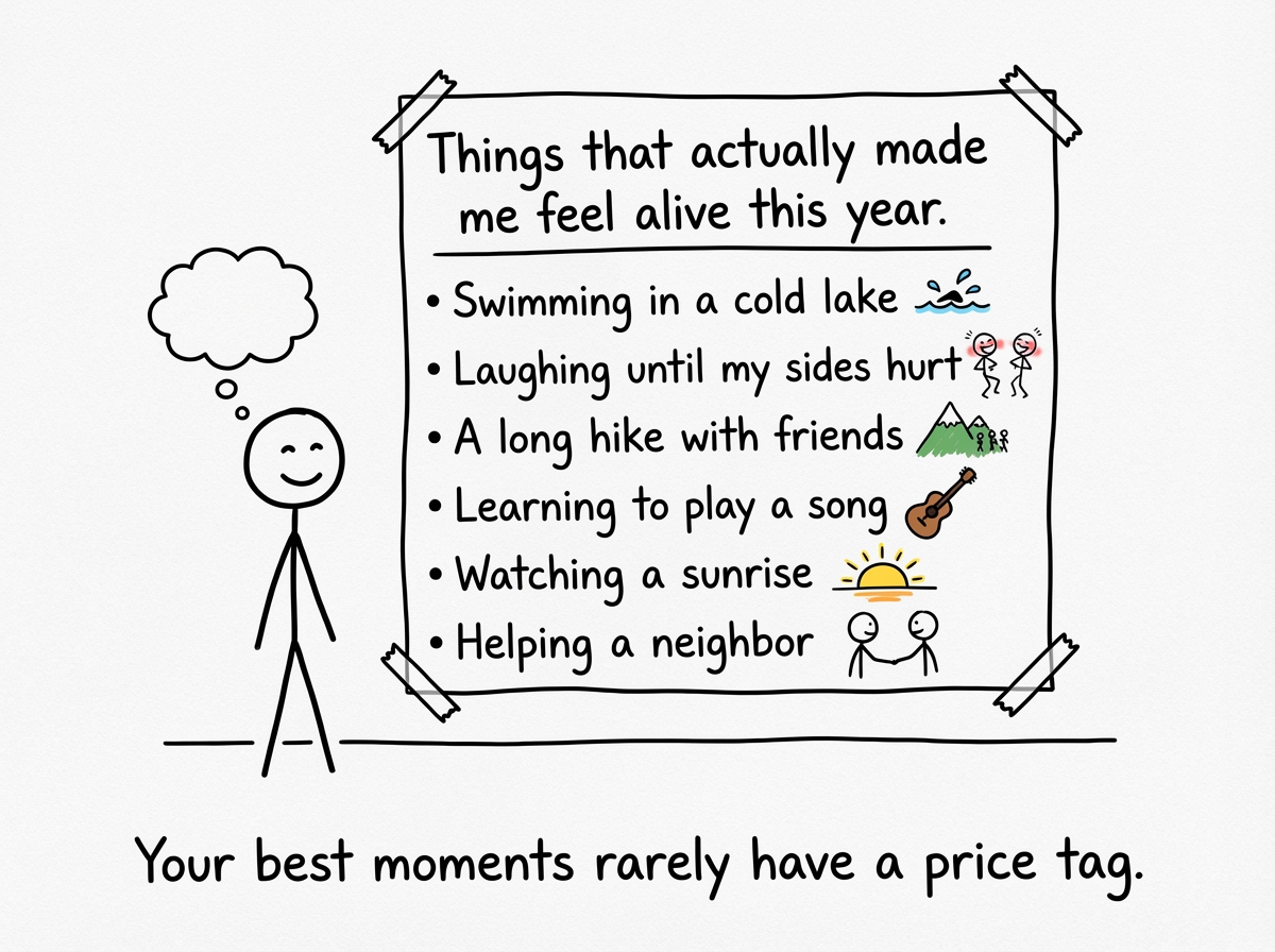 A stick figure writing a list: 'Things that actually made me feel alive this year.' None of them are purchases or promotions. They are moments -- a conversation, a walk, a quiet morning
