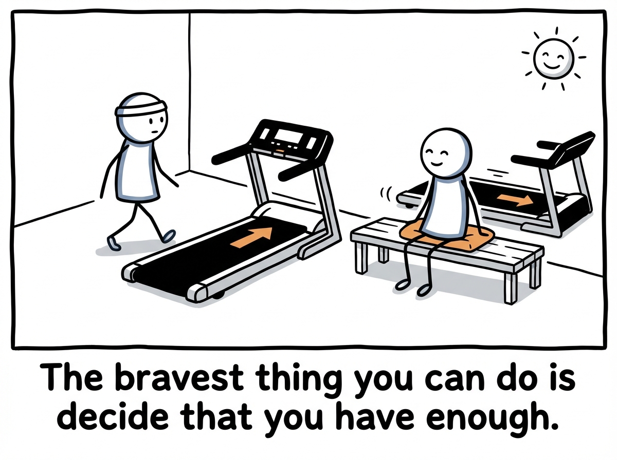 A stick figure stepping off the treadmill and sitting on a bench. The treadmill keeps running without them. They look relieved. A label reads 'Enough'