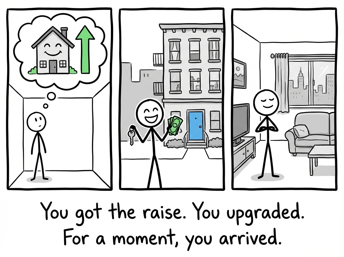 A stick figure gets a raise and celebrates. They buy a nicer apartment. For a moment, they stand still and satisfied. The treadmill is off. Life is good