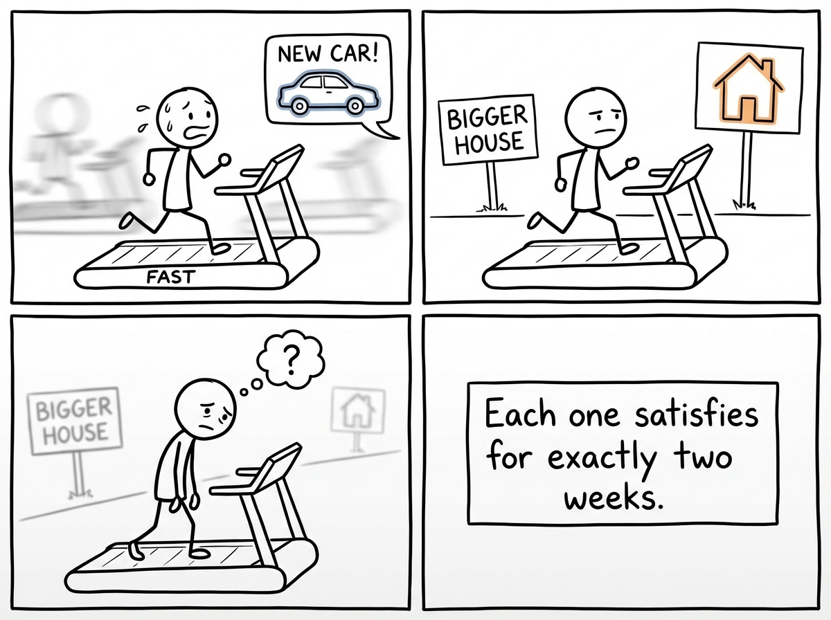 The treadmill is now moving fast. The stick figure runs past milestones -- new car, bigger house, luxury vacation -- but the scenery never changes. Each upgrade delivers a brief flash of satisfaction that immediately fades. Sweat flies