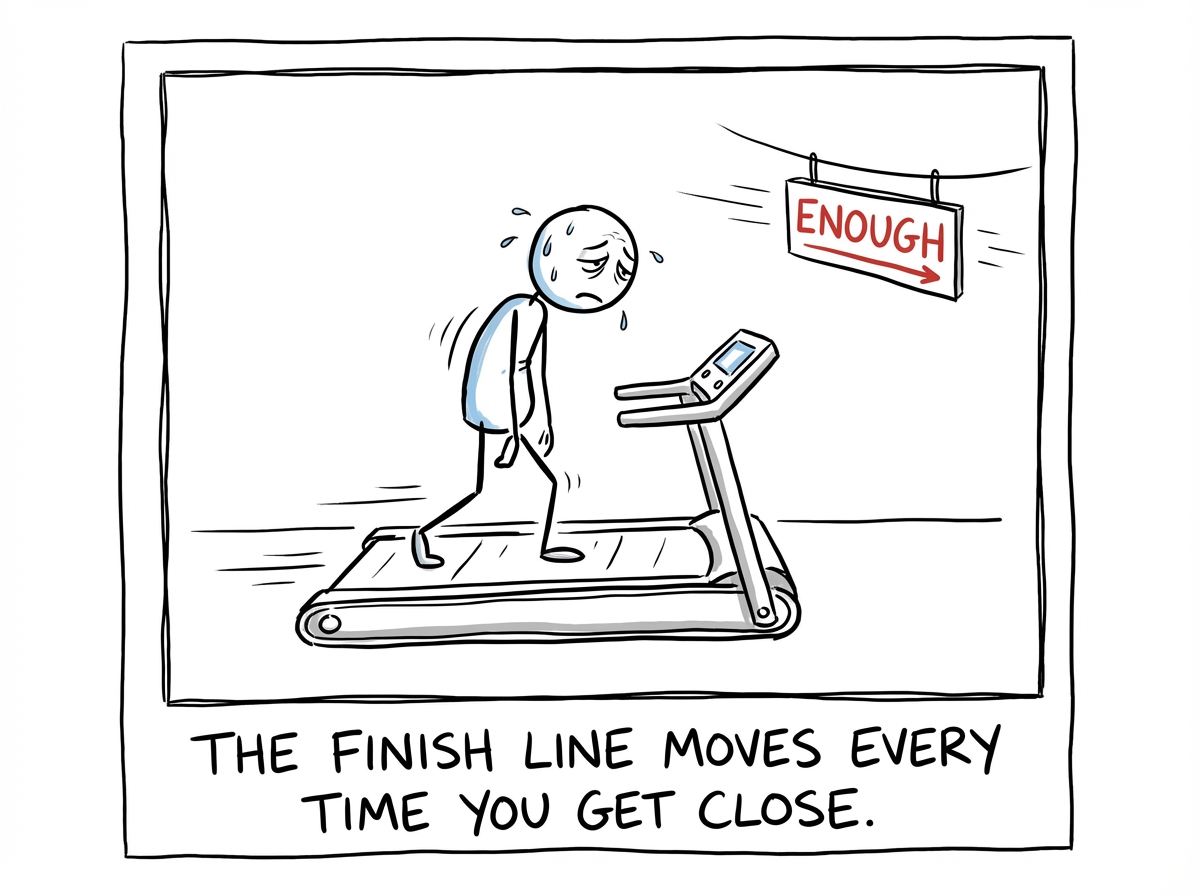 The stick figure is exhausted, still running, surrounded by all the things they acquired. A sign ahead reads 'Enough' but it keeps moving further away with every step. They cannot reach it