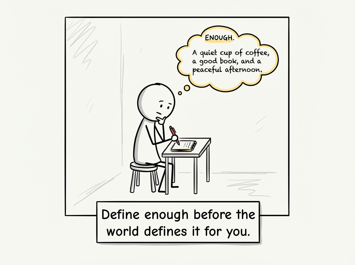 A stick figure writing their own definition of 'enough' on a piece of paper. It is smaller than expected. It is already mostly met