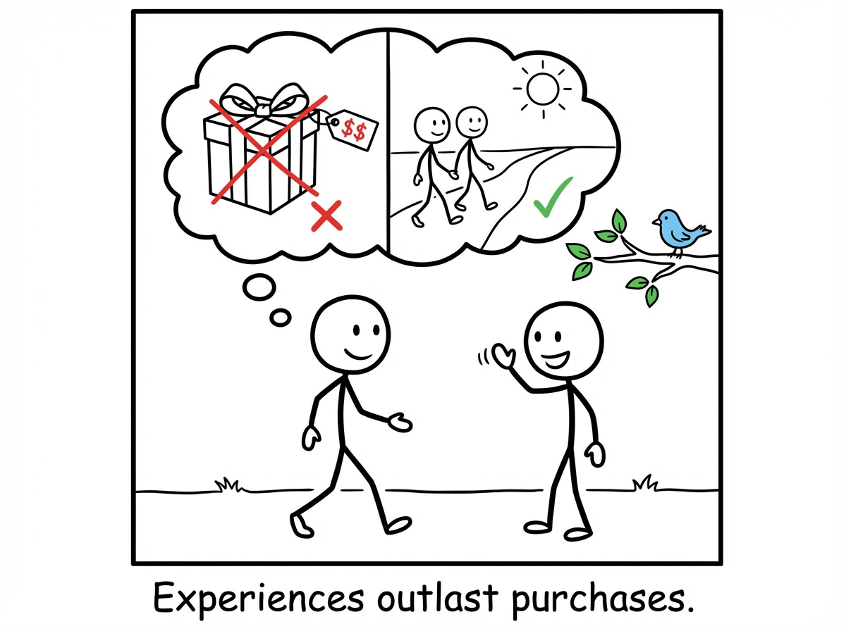 A stick figure choosing an experience over a purchase: a walk with a friend instead of a new gadget. The satisfaction lasts longer