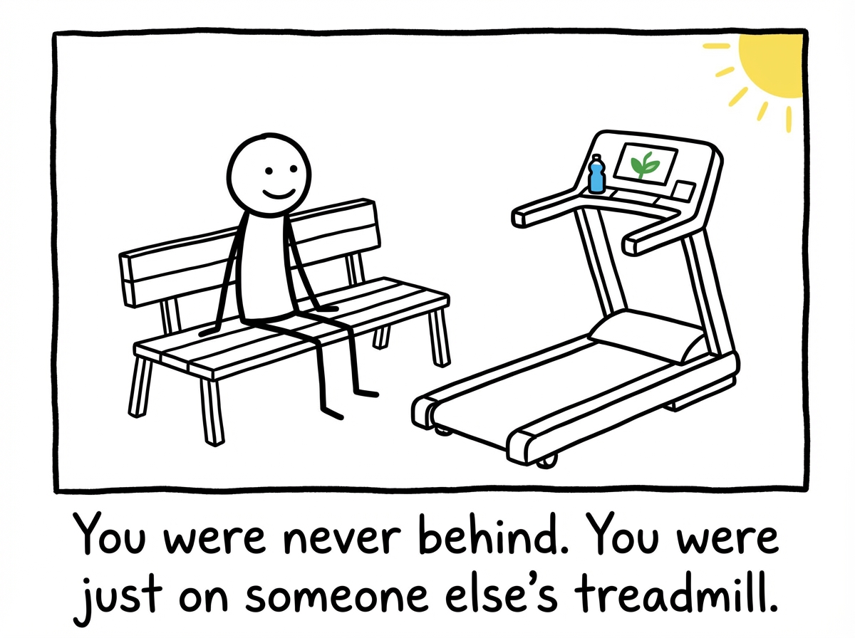 A stick figure sitting on a bench next to the treadmill that still runs without them. They watch it with a calm expression. A label reads 'You were never behind. You were just on someone else's treadmill'