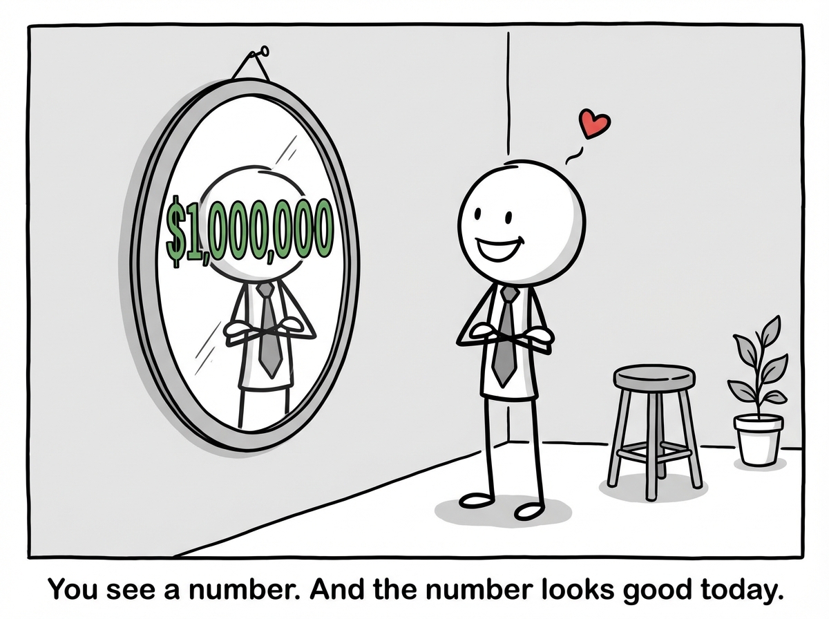 A stick figure looks in a bathroom mirror. Instead of a reflection, they see a large number -- their salary. The number glows. They look satisfied. The bigger the number, the bigger they feel