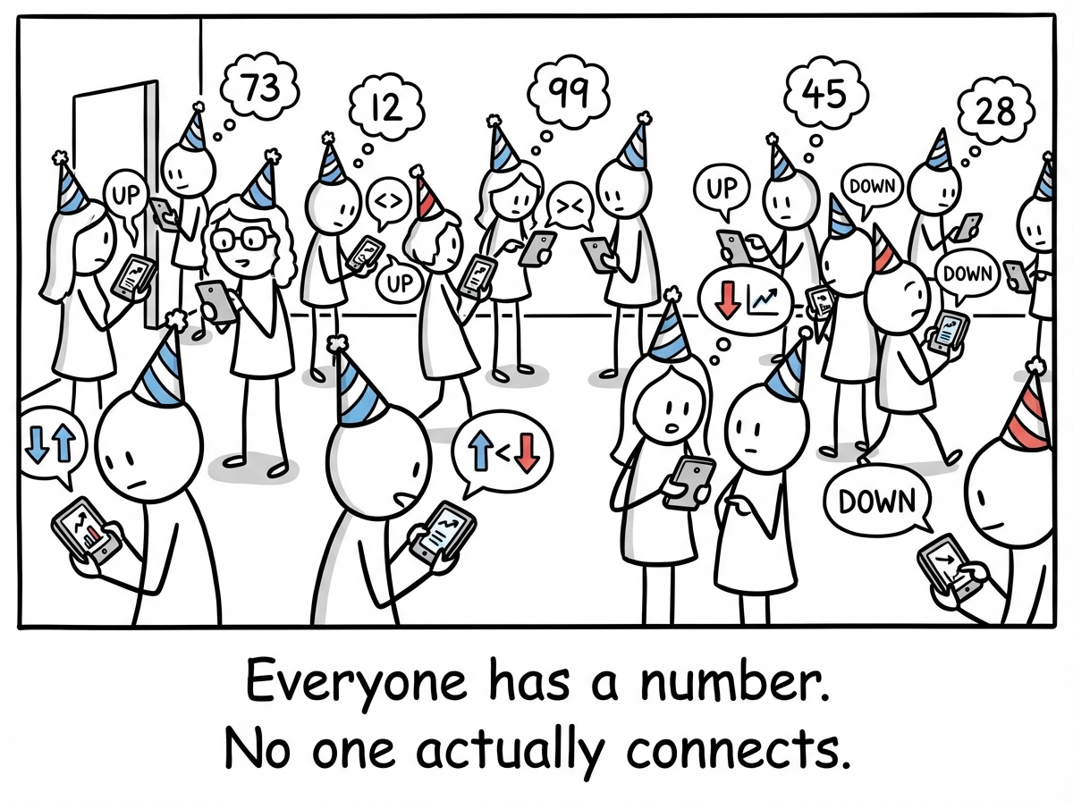 The stick figure at a party. Everyone has numbers floating above their heads instead of names. The figure scans the room, evaluating people by their numbers. Meaningful connection is impossible