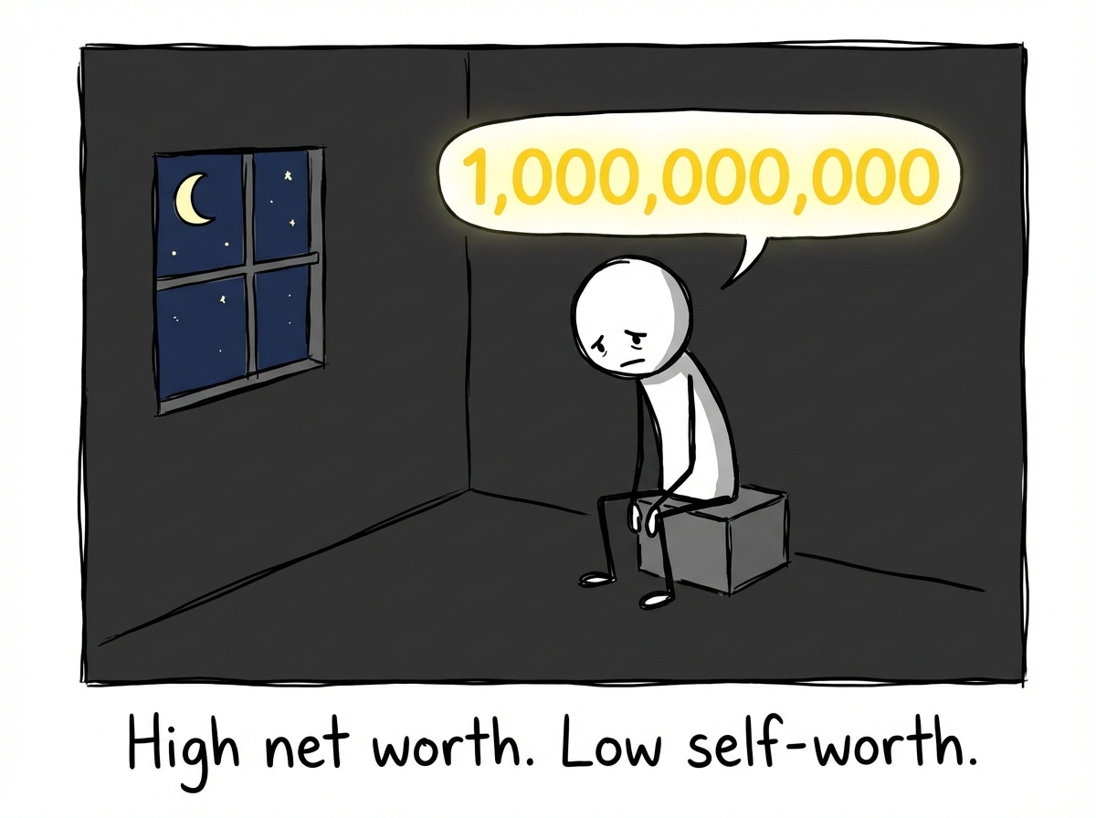 The stick figure alone at night, the mirror showing a number but the rest of the room empty -- no relationships, no warmth, no presence. The number is large but the room is cold. A label reads 'High net worth. Low self-worth'