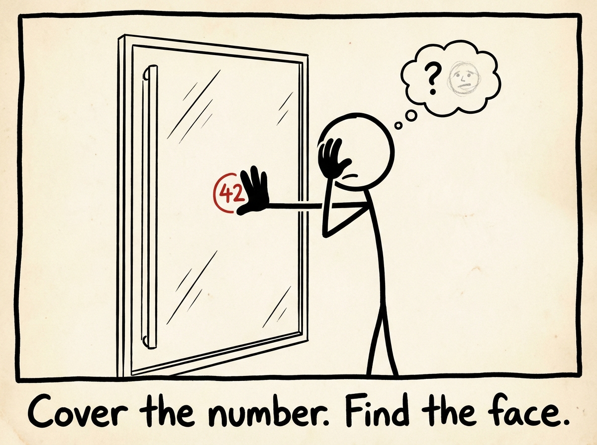A stick figure covering the number on the mirror with their hand and looking for the face underneath. It is still there, faint but real