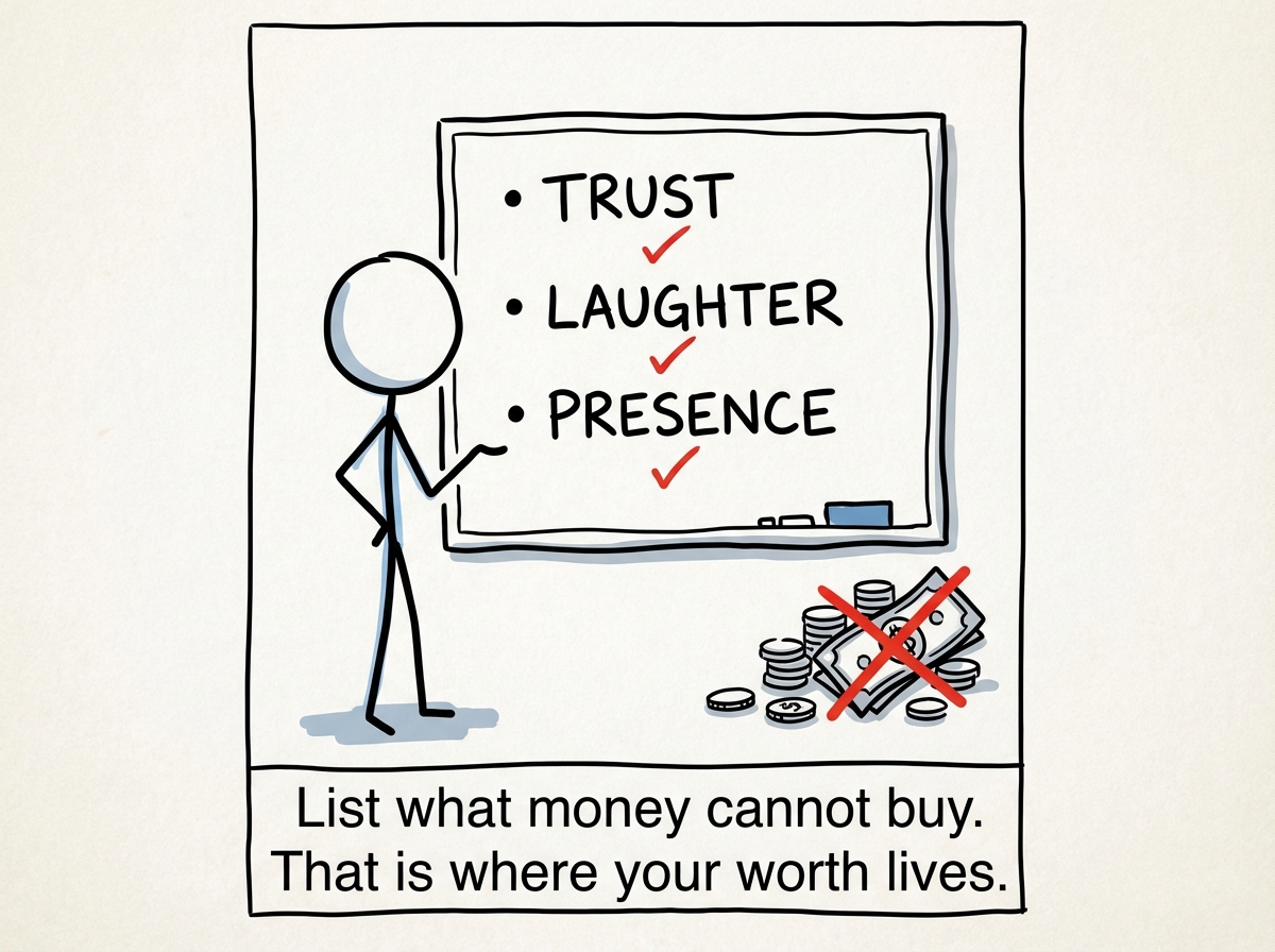 A stick figure listing what money cannot buy: trust, laughter, presence, being known. The list is long. None of it has a price tag