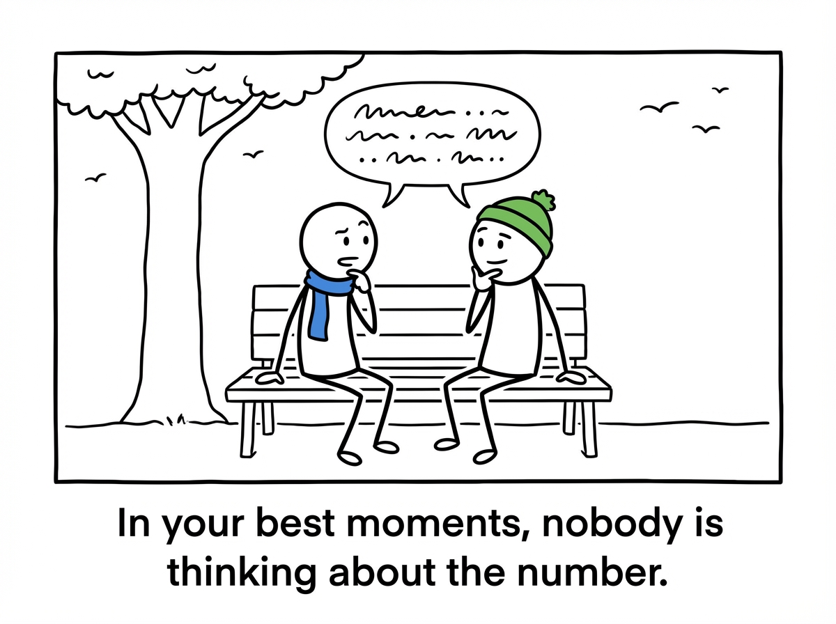A stick figure having a meaningful conversation with a friend. No numbers. No ranking. Just two people present with each other. The mirror behind them shows a face, not a figure