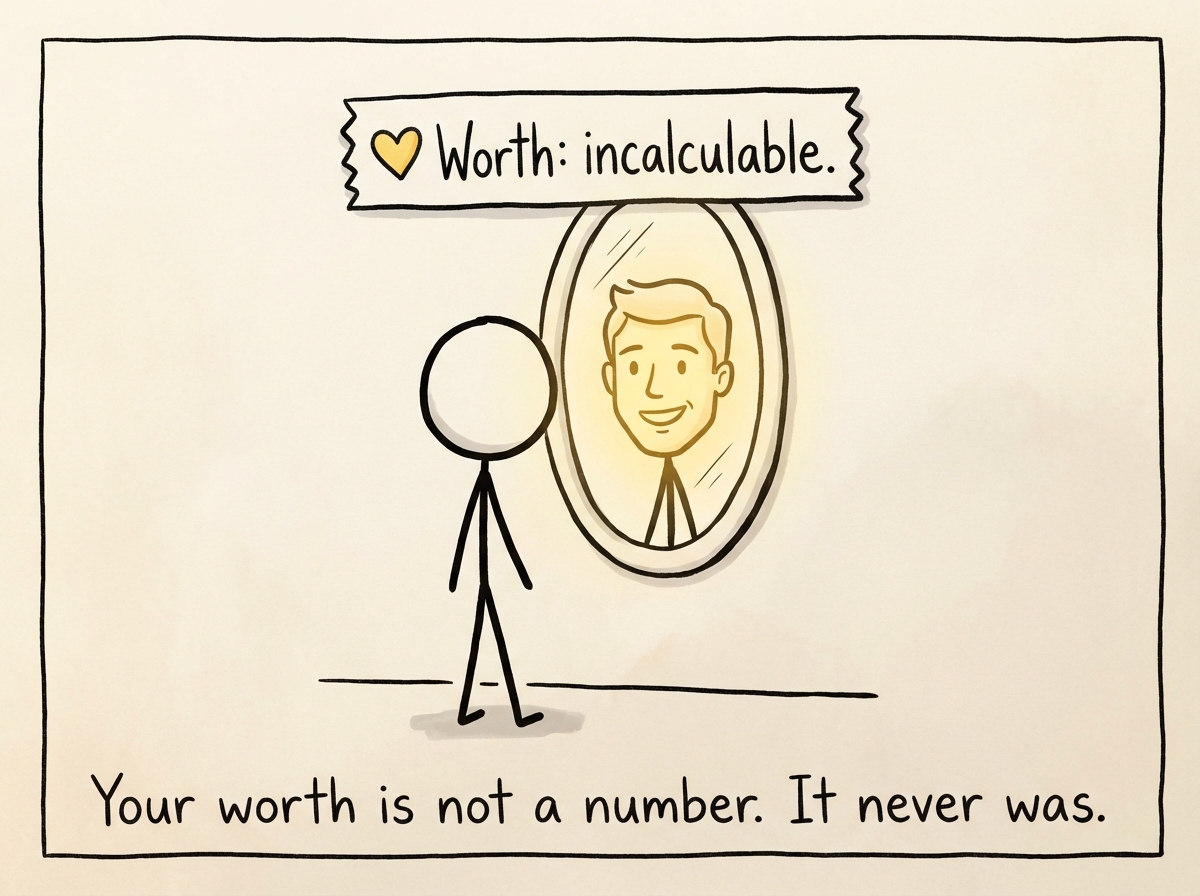 A stick figure looking in the mirror and finally seeing a face -- imperfect, real, human. The number is gone. A label reads 'Worth: incalculable'
