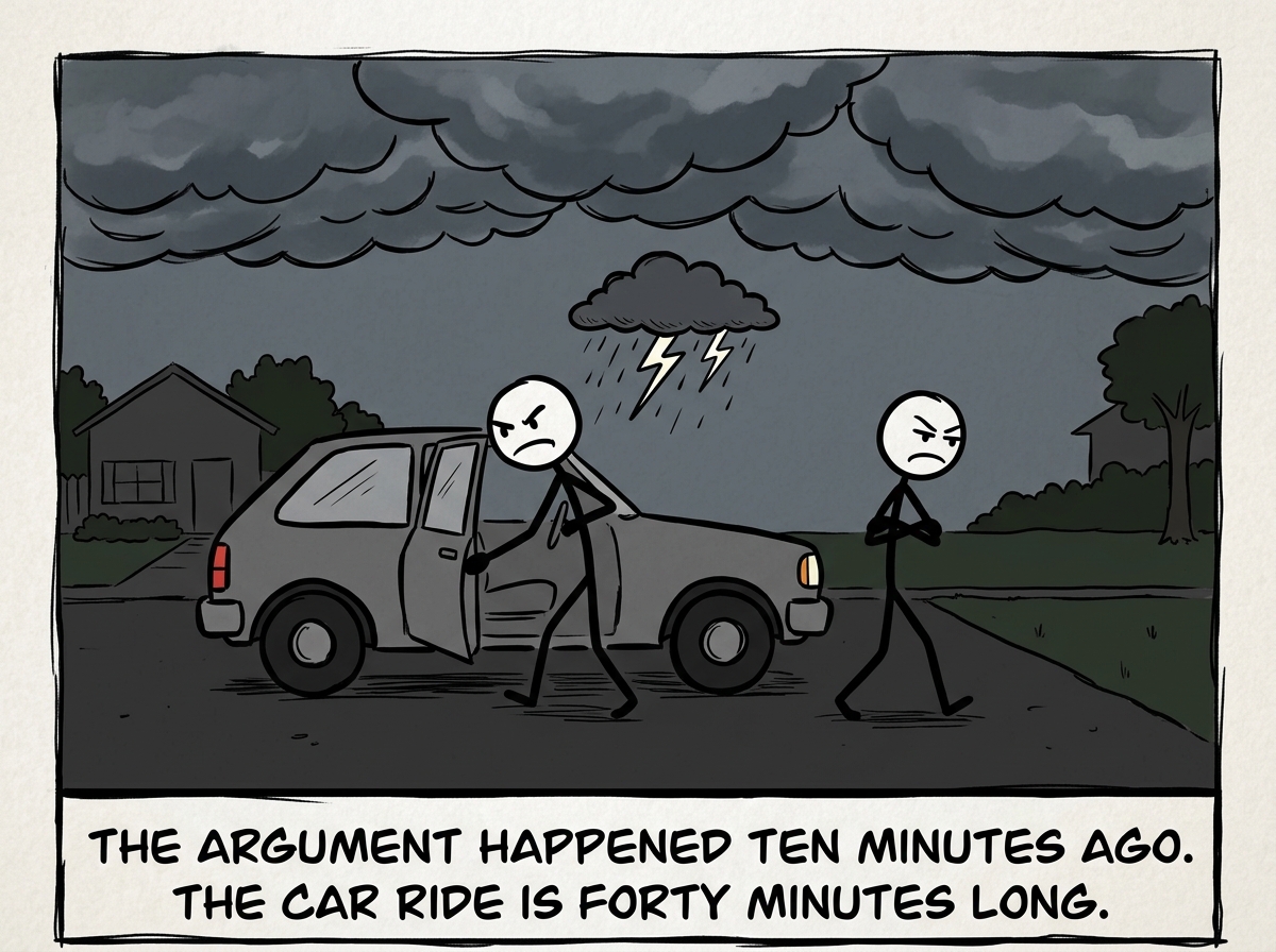 Two stick figures getting into a car with storm clouds between them and tense body language