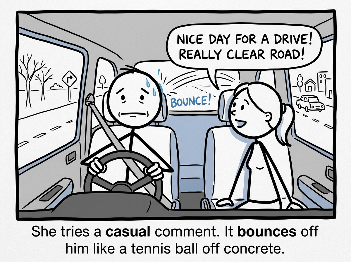 Inside the car, one person grips the steering wheel with a completely frozen expression while the other looks over and tries to say something, speech bubble bouncing off