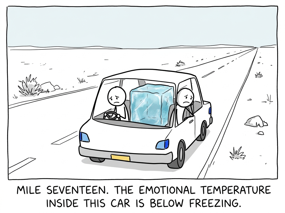 A wide shot of the car on a long empty highway, with a giant block of ice shown between the two seats, both figures looking miserable