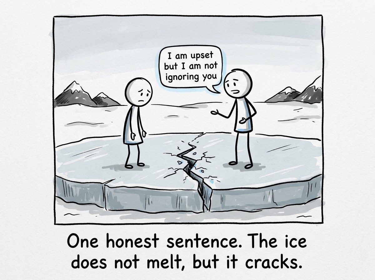 One person finally speaking with a small honest speech bubble saying 'I am upset but I am not ignoring you' while the ice between them shows a small crack
