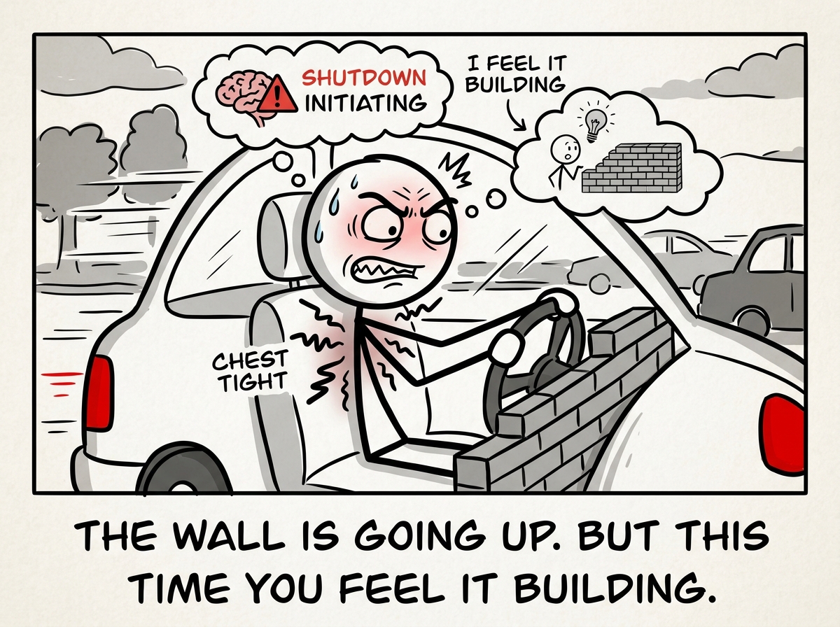 A stick figure in the car feeling the shutdown coming — jaw clenching, chest tight — but recognizing the signs before going silent