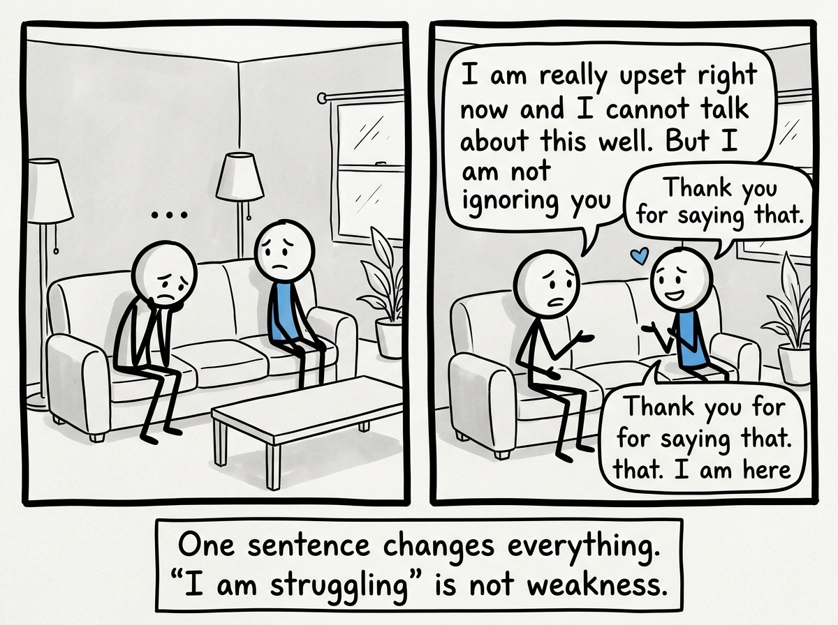 The stick figure saying 'I am really upset right now and I cannot talk about this well. But I am not ignoring you' — breaking the silence with honesty
