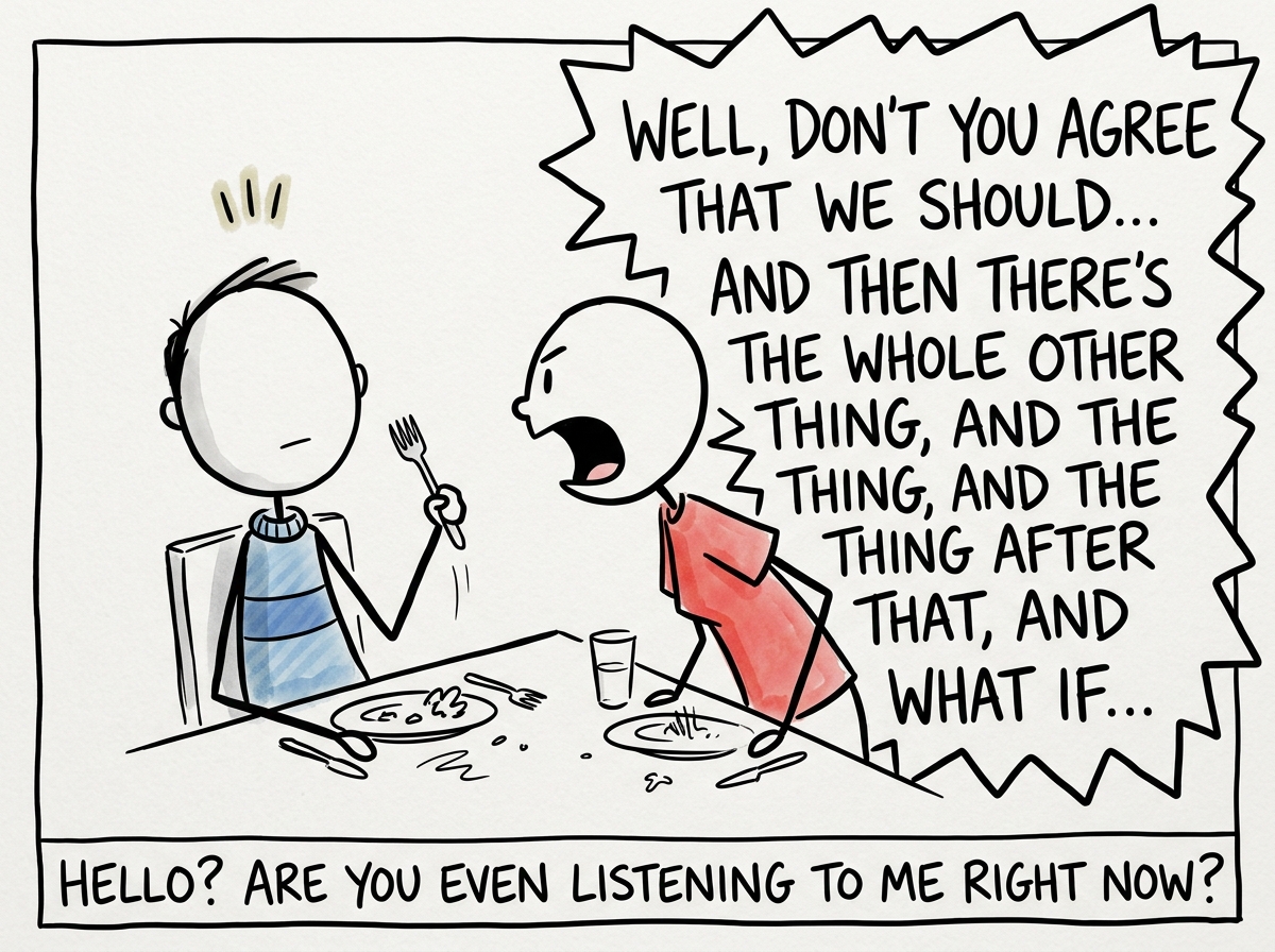 The same couple, but now one person has gone completely blank-faced, eyes glazed, fork frozen mid-air, while the other leans forward with a bigger speech bubble