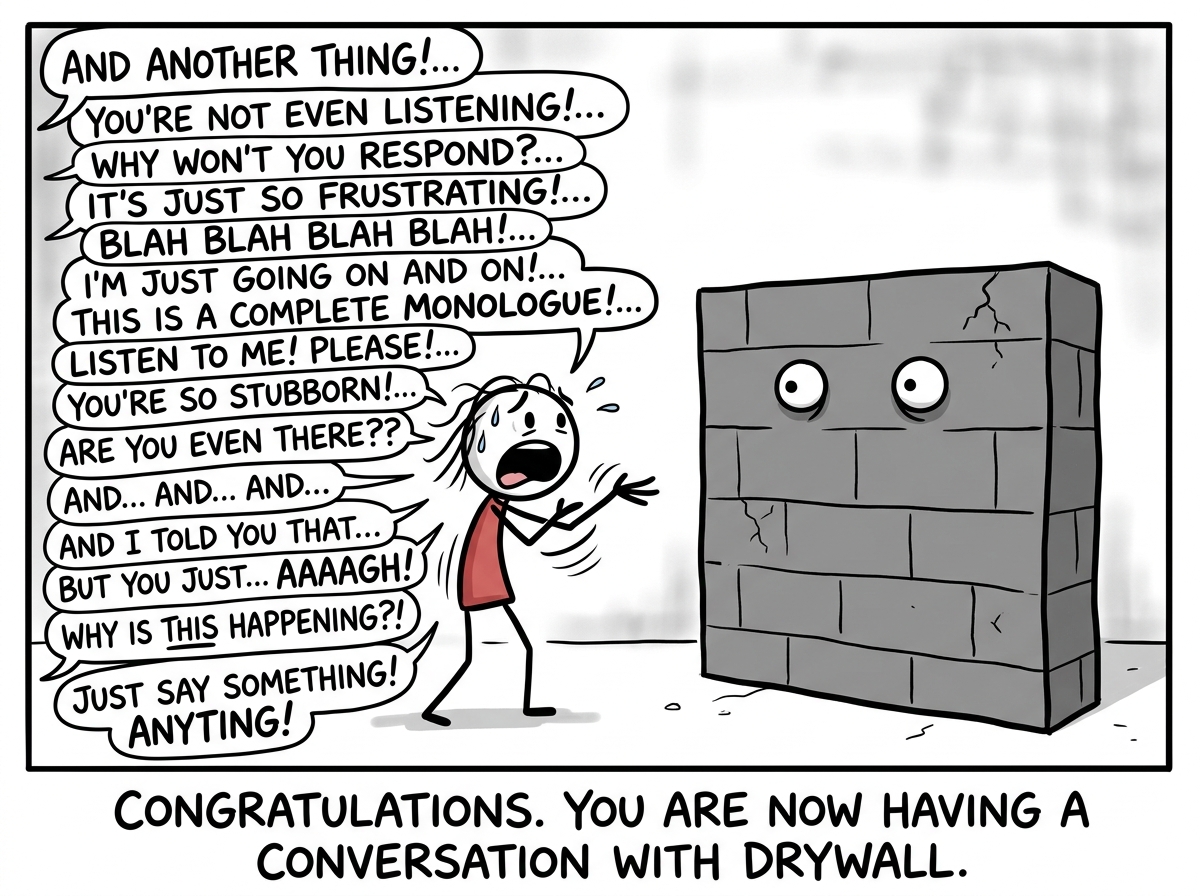 One person talking frantically with multiple speech bubbles piling up while the other has become a literal stone wall with eyes, completely gray and unresponsive