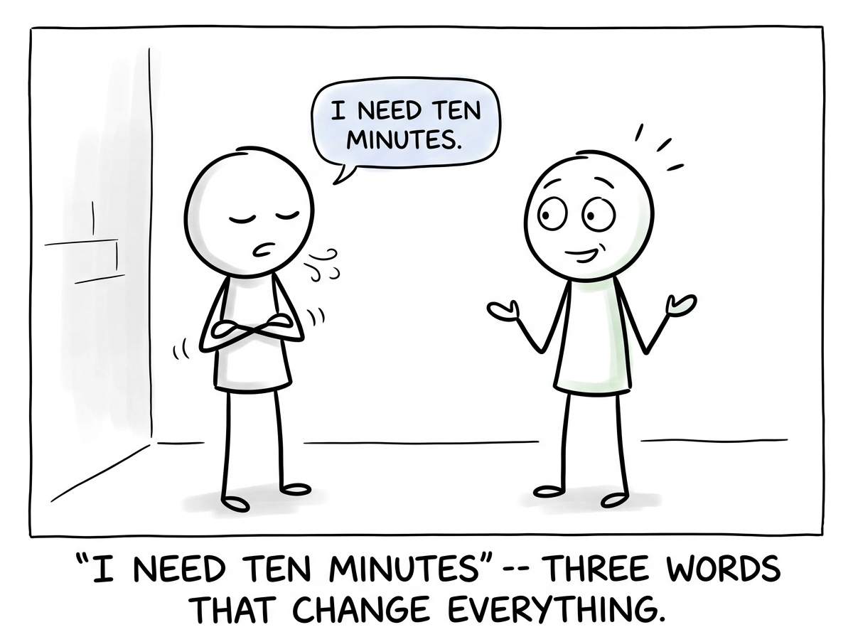 The stonewalling person taking a breath and saying 'I need ten minutes' with a small speech bubble, while the other person looks surprised but relieved