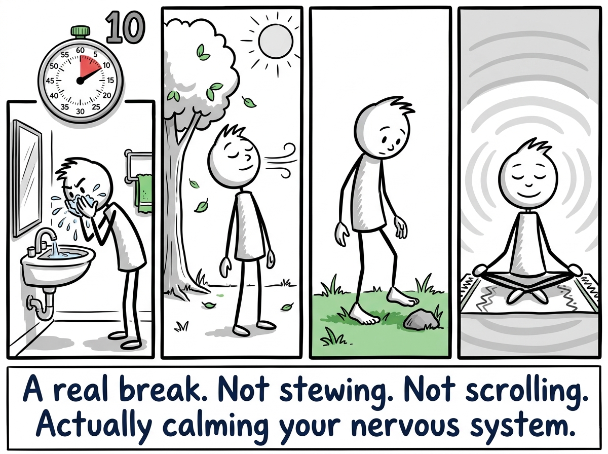 The stick figure stepping away to breathe, splash water on their face, ground themselves — a timer showing ten minutes