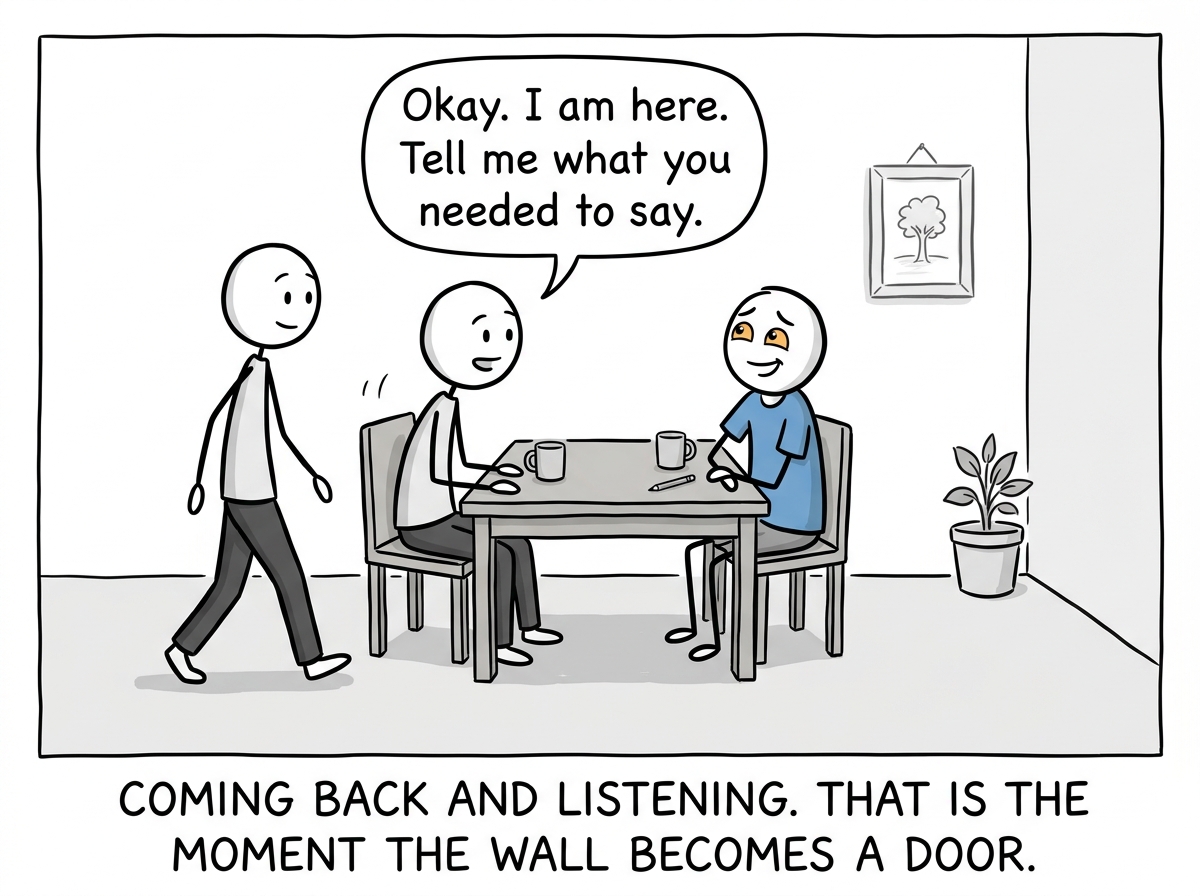 The stick figure returning to the table, sitting down, and saying 'Okay. I am here. Tell me what you needed to say' — the other person looking relieved