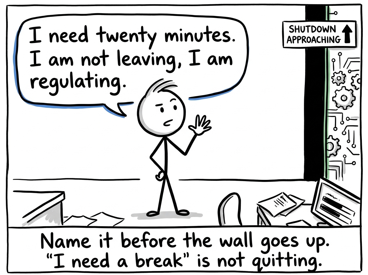 The stick figure recognizing the shutdown approaching and raising a hand: 'I need twenty minutes. I am not leaving, I am regulating'