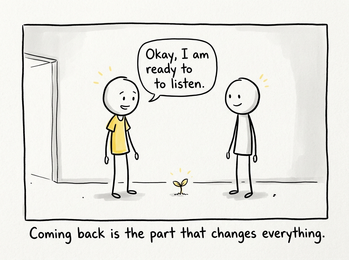 The stick figure returning to the conversation, calmer, saying 'Okay, I am ready to listen' — the wall between them is gone