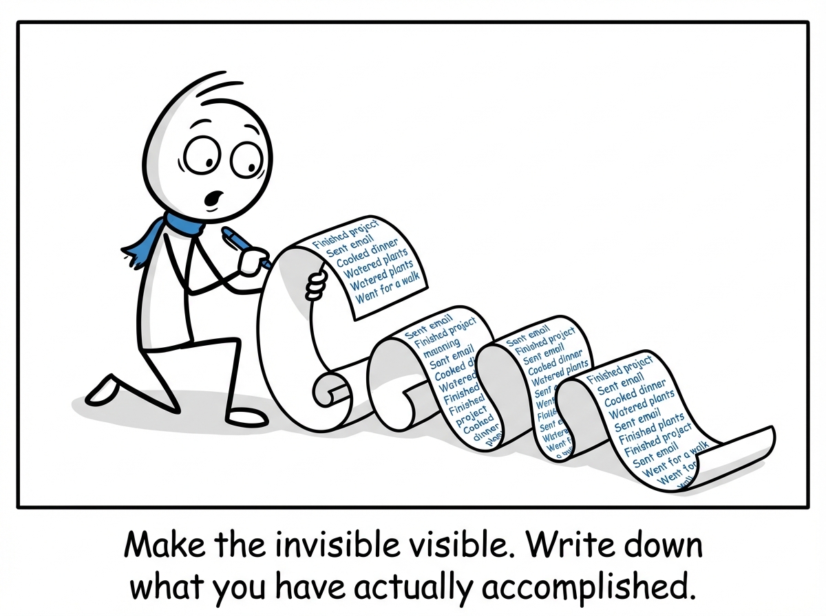 A stick figure writing a list of things they have done successfully, surprised by how long the list actually is