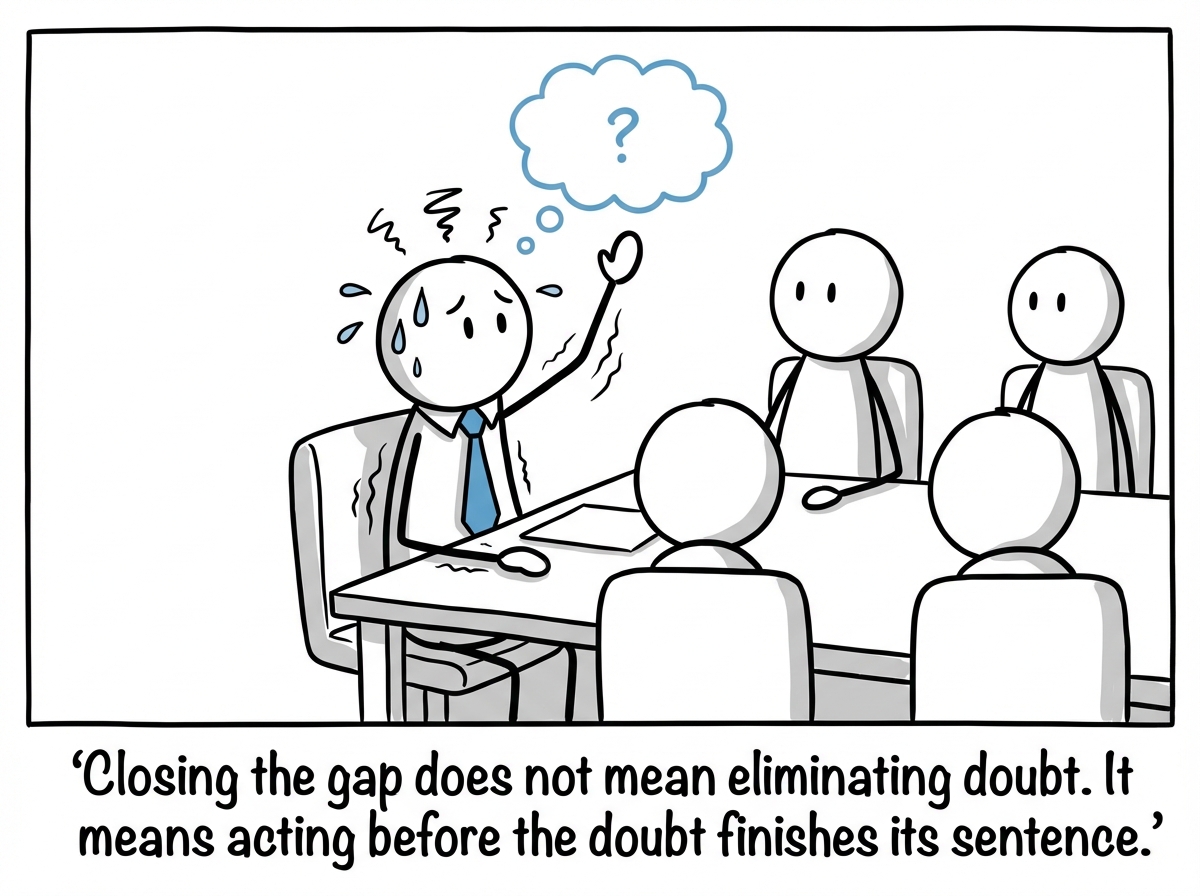 A stick figure raising their hand in a meeting, still nervous, but raising it anyway