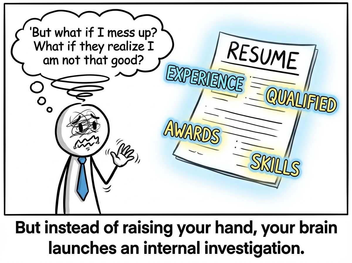 The qualified stick figure frozen, hand trembling halfway up, thought bubble spiraling: 'But what if I mess up? What if they realize I am not that good? What if someone else deserves it more?' Meanwhile their resume floats in the background, very impressive.