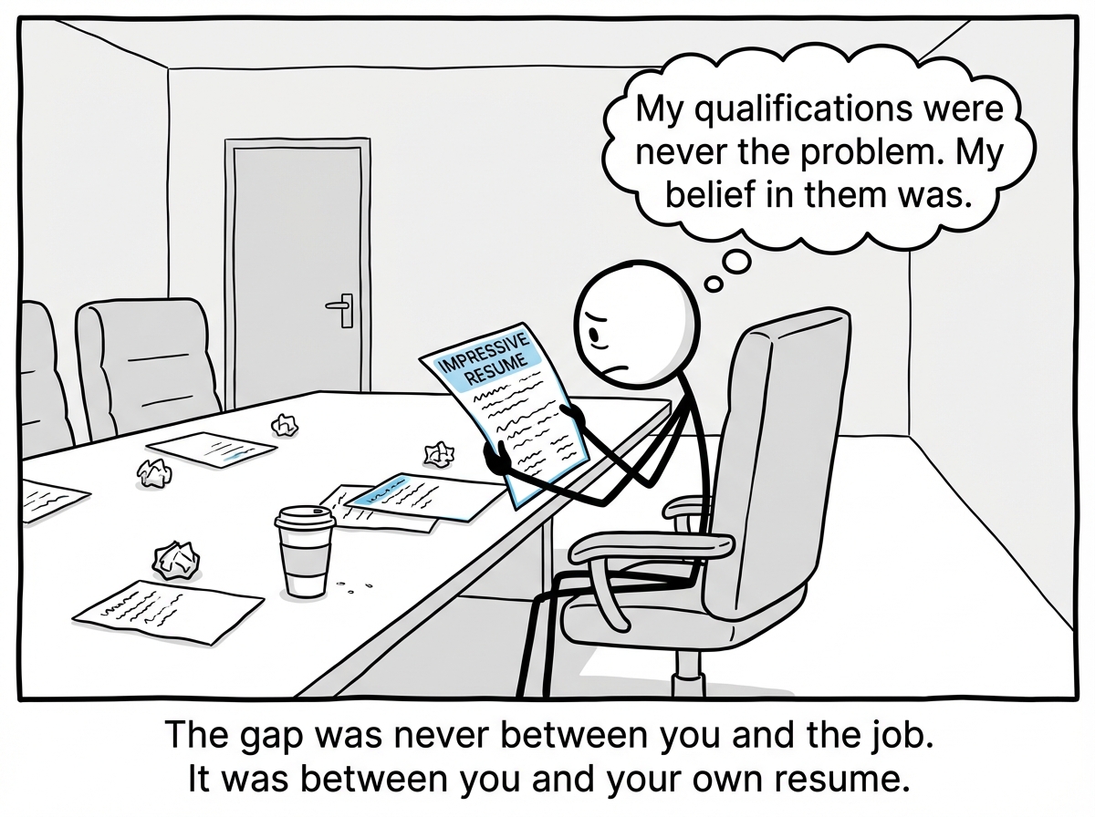 The overqualified stick figure sitting alone after the meeting, staring at their own resume, realizing: 'My qualifications were never the problem. My belief in them was.'