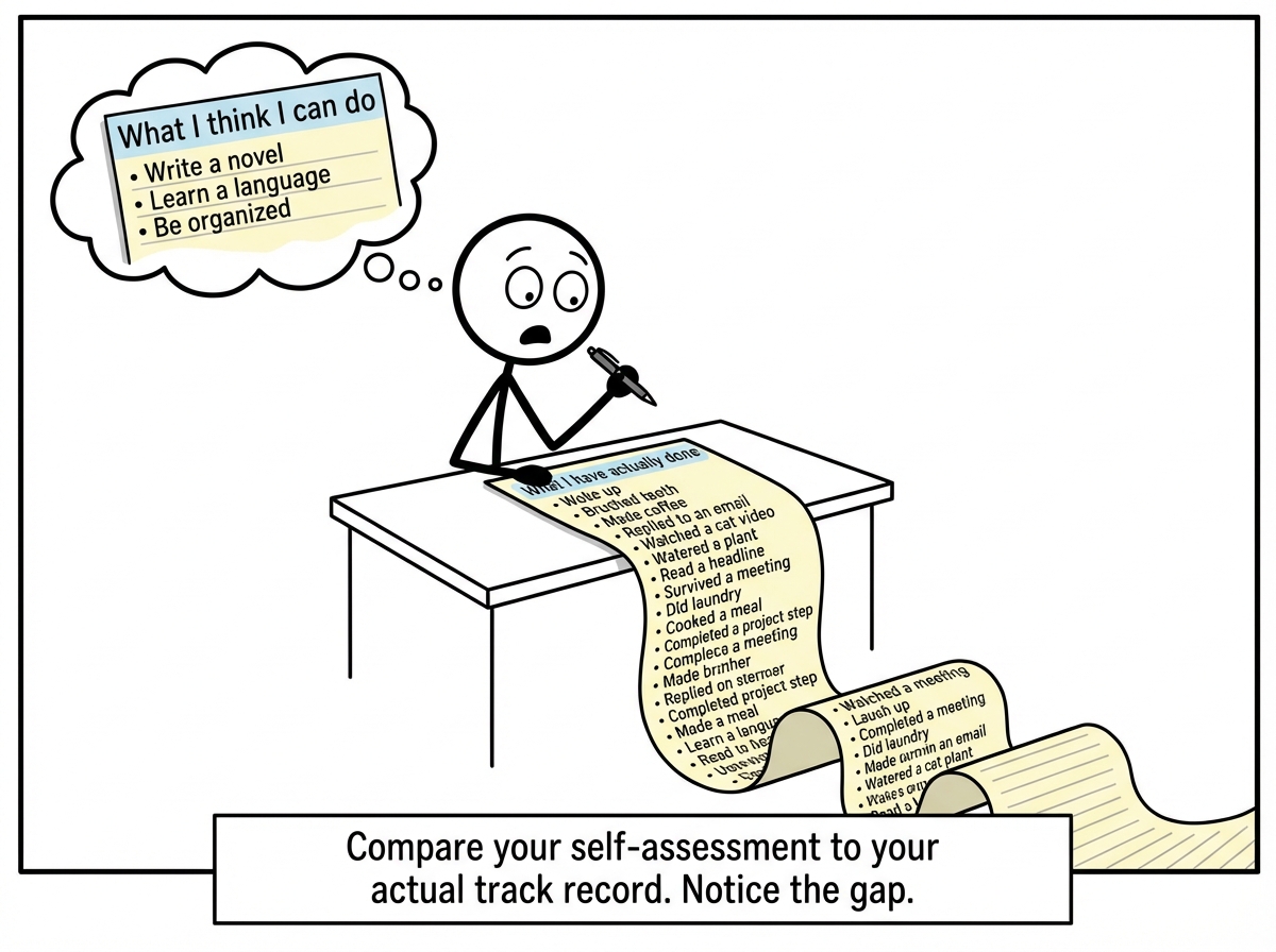 A stick figure writing two columns: 'What I think I can do' (short list) and 'What I have actually done' (very long list) -- staring at the mismatch