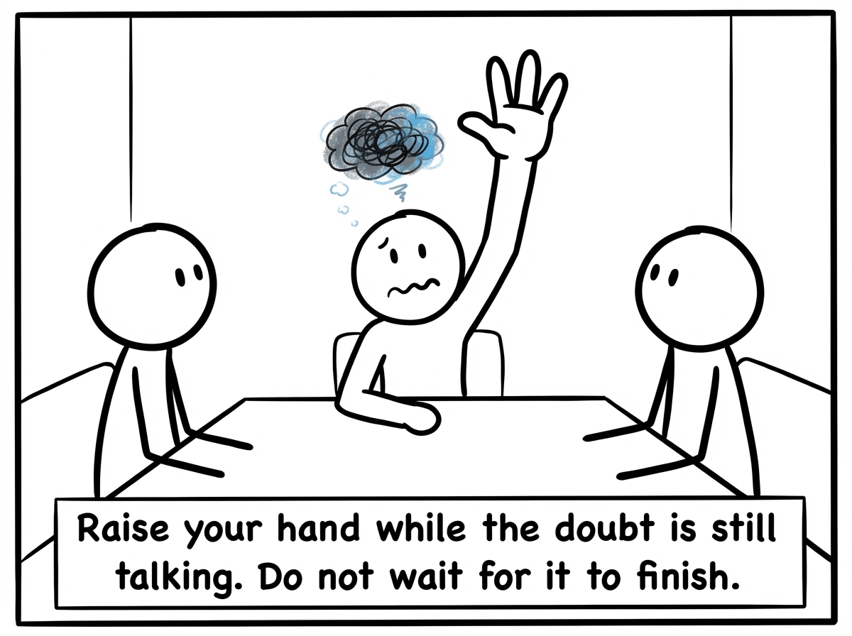 The stick figure raising their hand in the next meeting, still feeling the doubt, but hand fully up this time