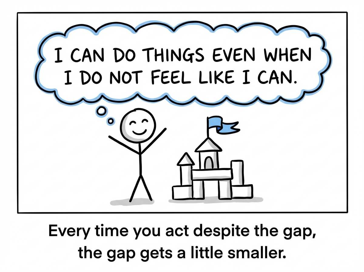 The stick figure after leading the project successfully, updating their mental model: 'I can do things even when I do not feel like I can'
