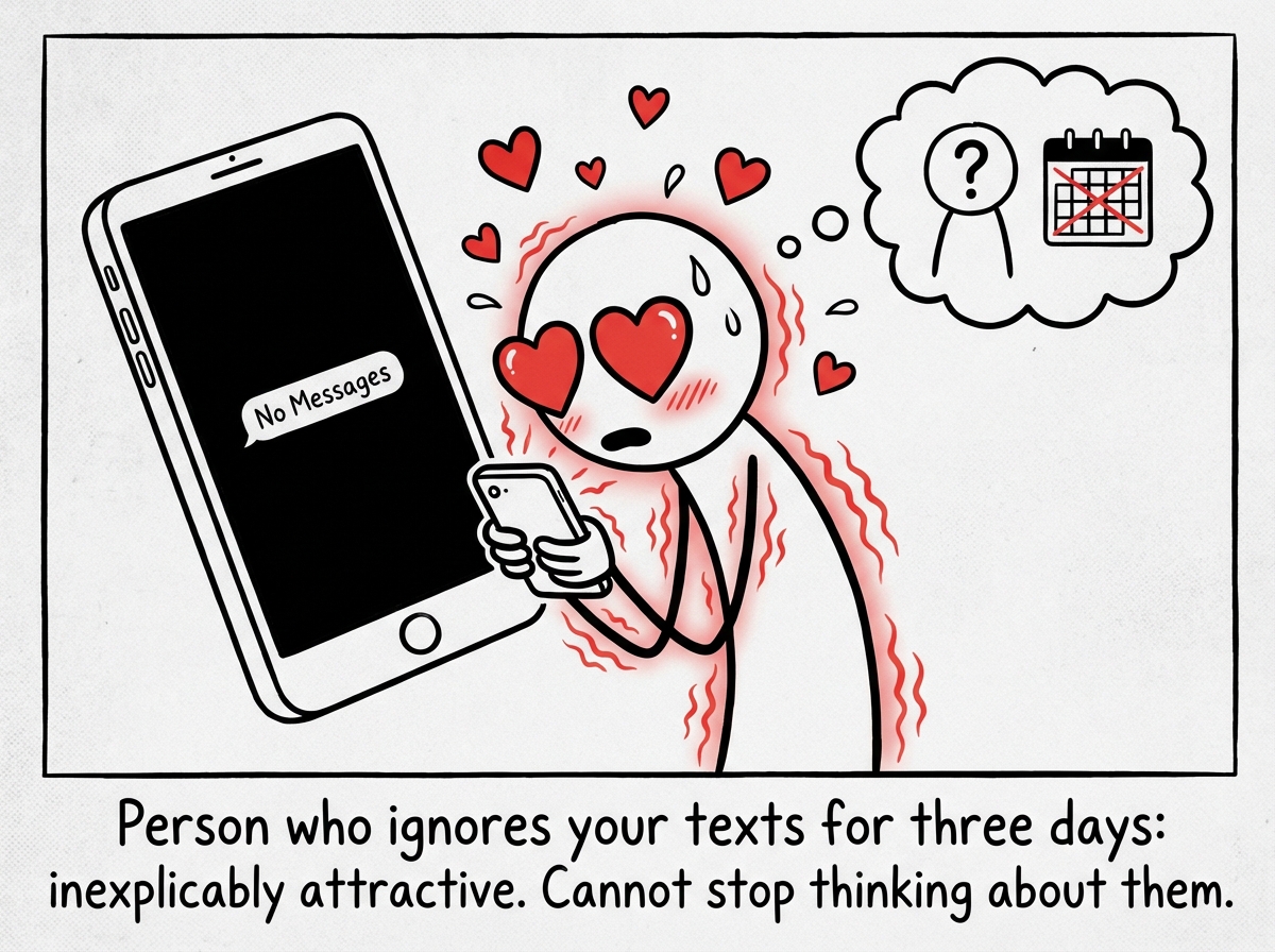 A stick figure crushing hard on someone who has not texted back in three days, heart eyes, fully invested