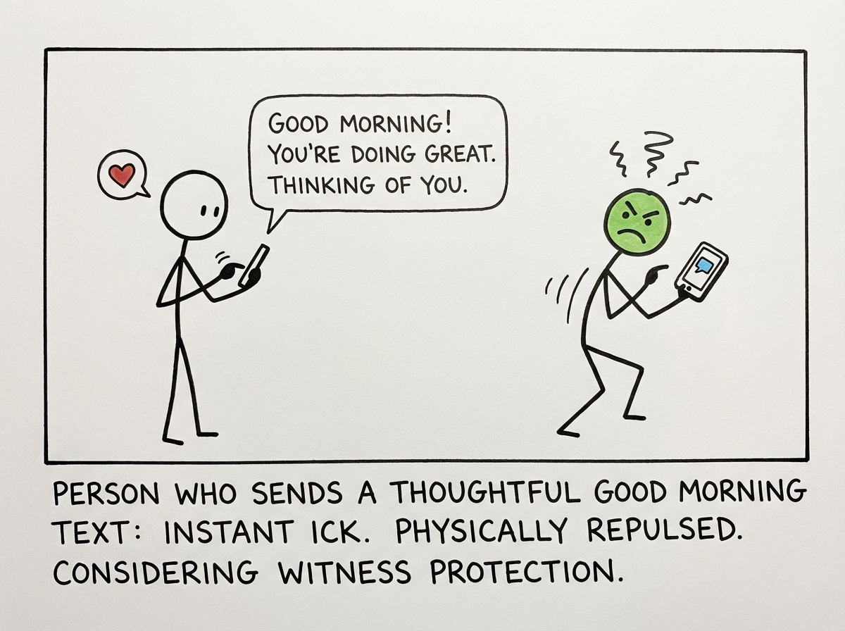 A different person sending the stick figure a thoughtful good morning text with a compliment, and the stick figure recoiling with visible disgust