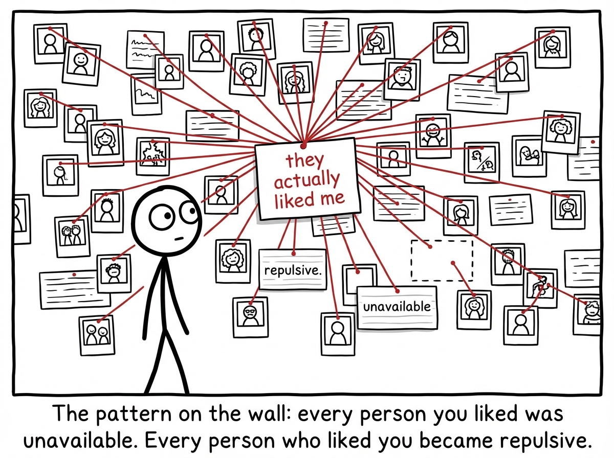 The stick figure looking at a wall covered in photos of everyone they have dated, with red strings connecting them all to one label: 'they actually liked me' under each ick