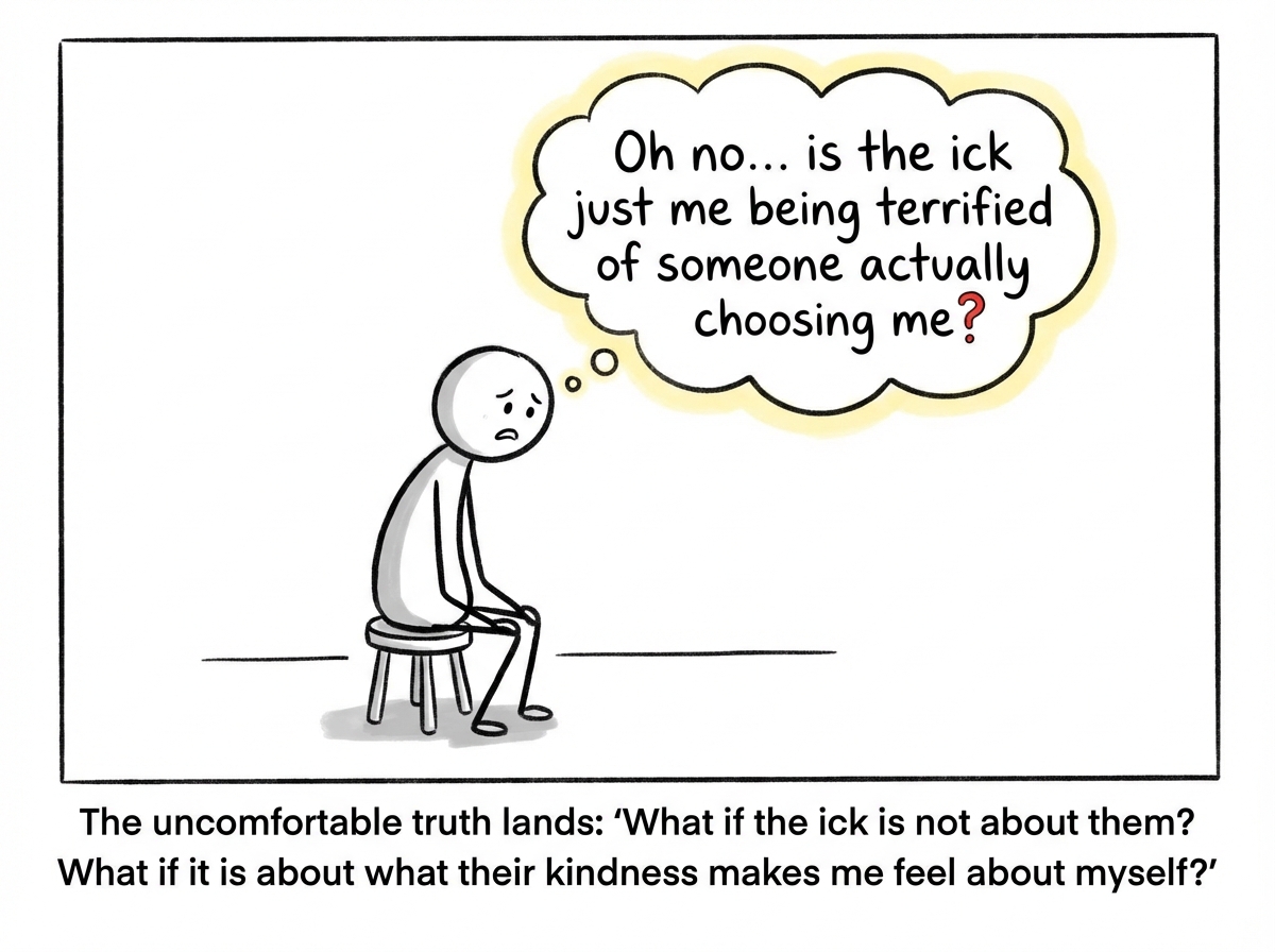 The stick figure sitting alone with the uncomfortable realization, a thought bubble reading 'Oh no... is the ick just me being terrified of someone actually choosing me?'