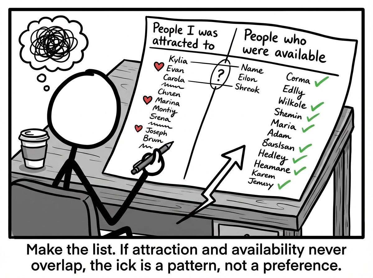 A stick figure making two columns: 'People I was attracted to' and 'People who were available' with almost no overlap