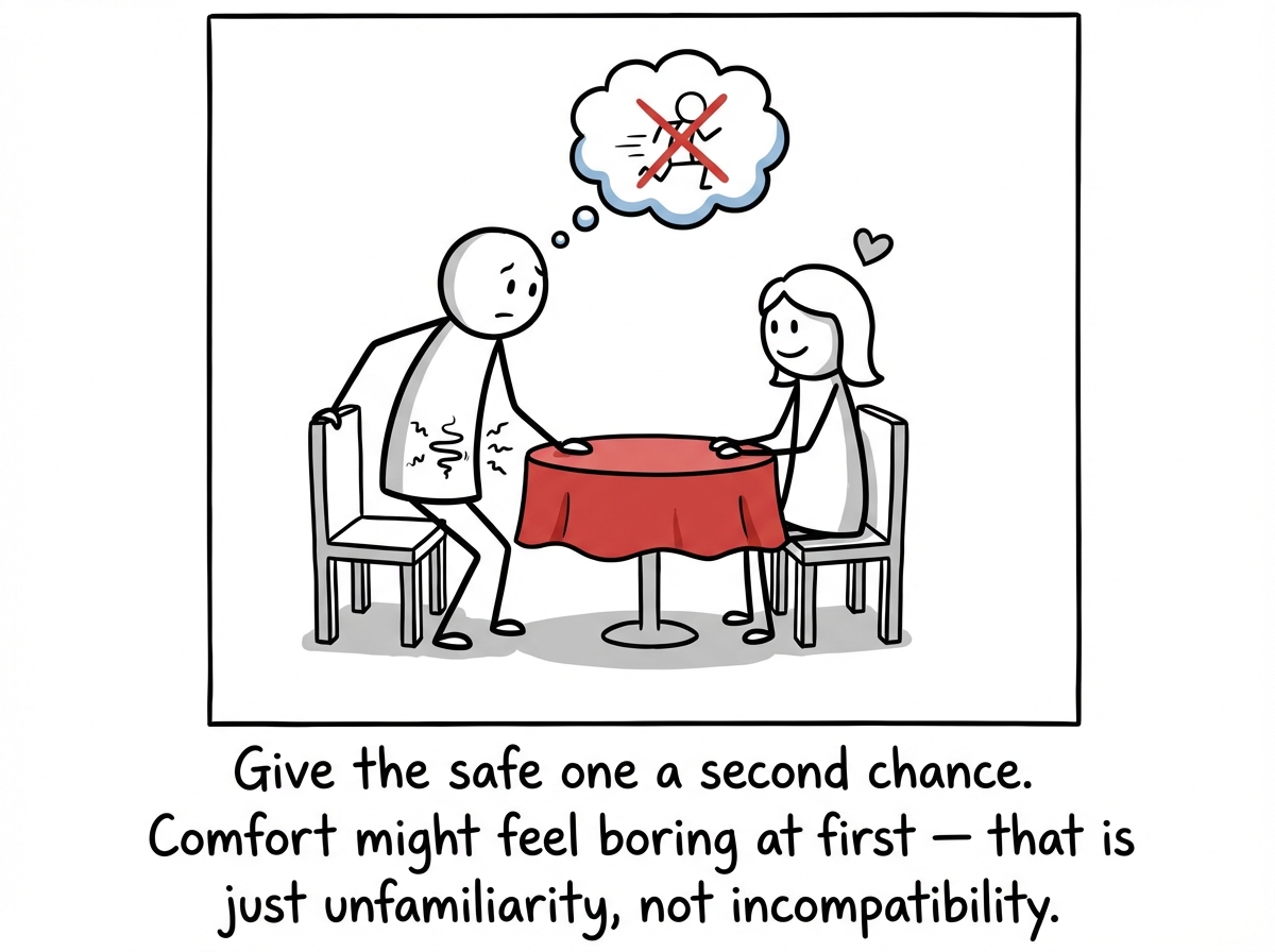 A stick figure giving a kind, available person a second date instead of running, looking nervous but staying